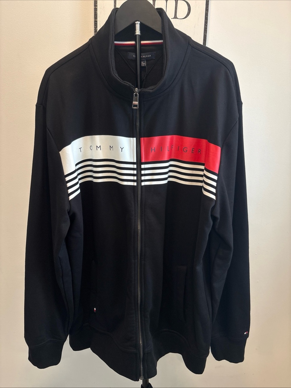 Tommy Hilfiger Men’s Black Full-Zip Track Jacket with Red & White Stripe zip up